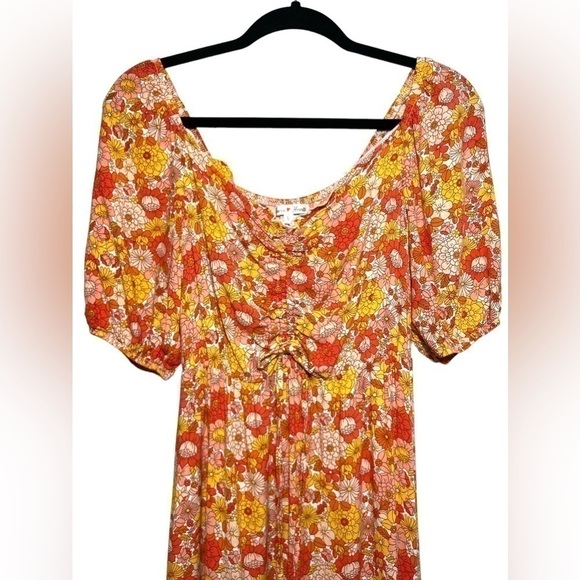 Orange Retro Floral Puff Sleeve Tiered Peasant Midi Dress CinchTie Front Small - Picture 3 of 7